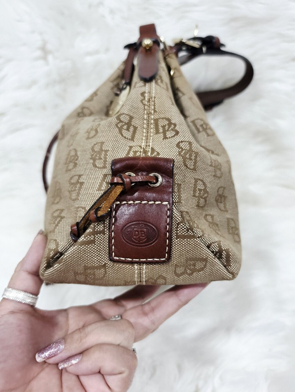 Dooney & Bourke DB Monogram Drawstring Bucket Bag Tan Brown Leather - Picture 9 of 17